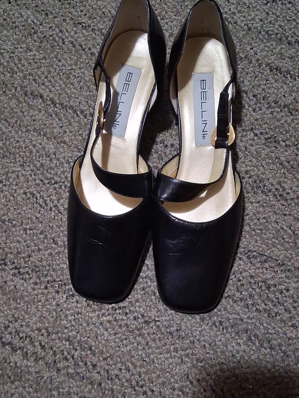Bellini Black Mary Jane Square-Toe Heels with Gold Buckle